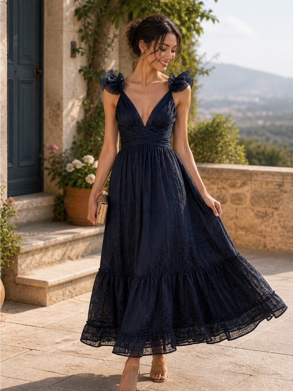 Storia Navy Open Back Maxi Dress Small Romantic Boho Vacation